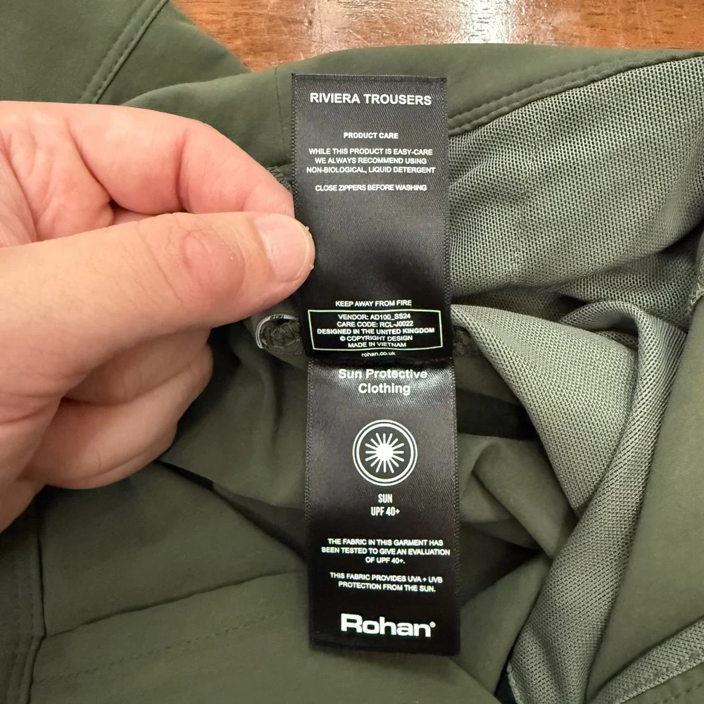 Rohan Riviera Trousers Mens 40R Green Insect Shield UPF 40+ Hiking Travel Pants